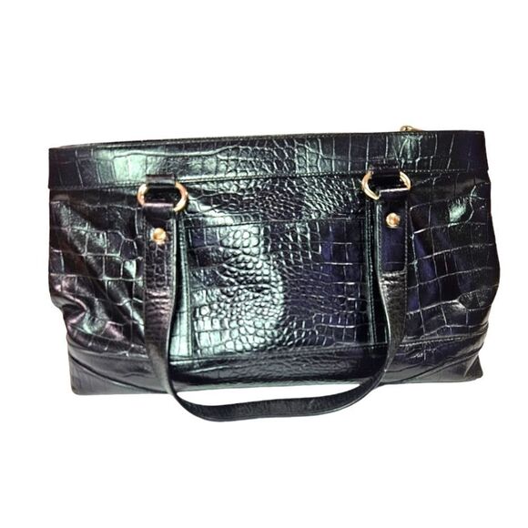 Vntg Monsac Large Black Leather Embossed Croc Structure Satchel Purse Handbag - Picture 1 of 12